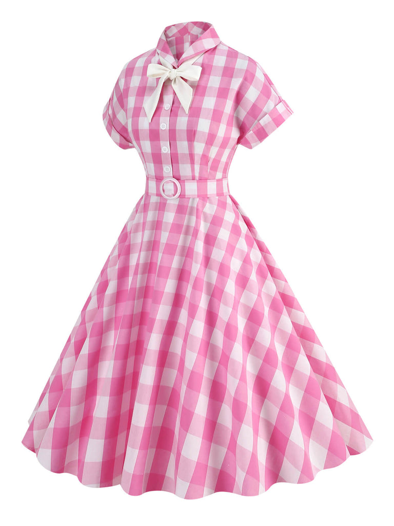 1950s Plaid Bow Lapel Swing Dress
