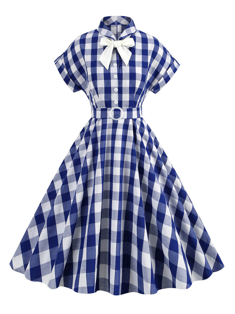 1950s Plaid Bow Lapel Swing Dress | Retro Stage