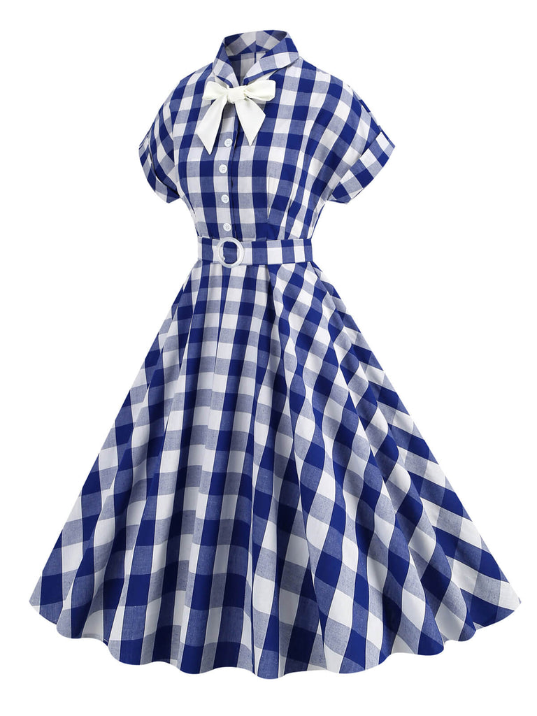 1950s Plaid Bow Lapel Swing Dress | Retro Stage