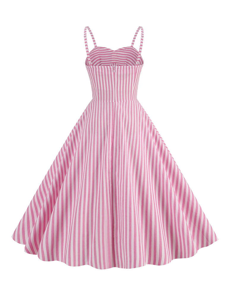 Pink 1950s Spaghetti Strap Stripes Swing Dress