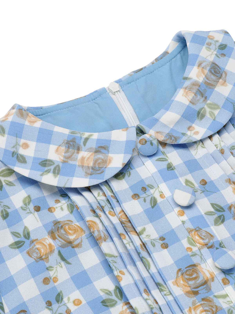 Blue 1960s Puff Sleeve Floral Plaid Dress