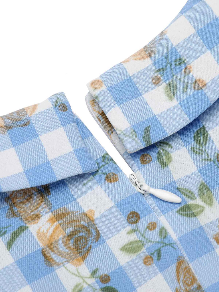 Blue 1960s Puff Sleeve Floral Plaid Dress