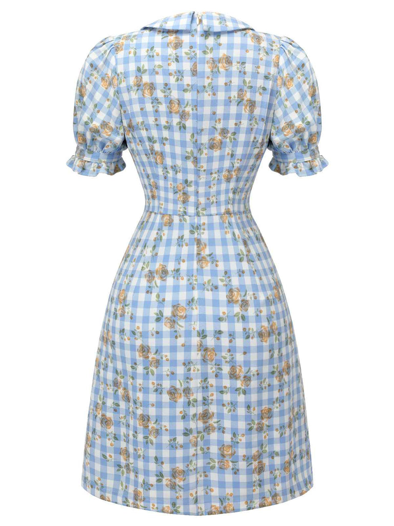Blue 1960s Puff Sleeve Floral Plaid Dress