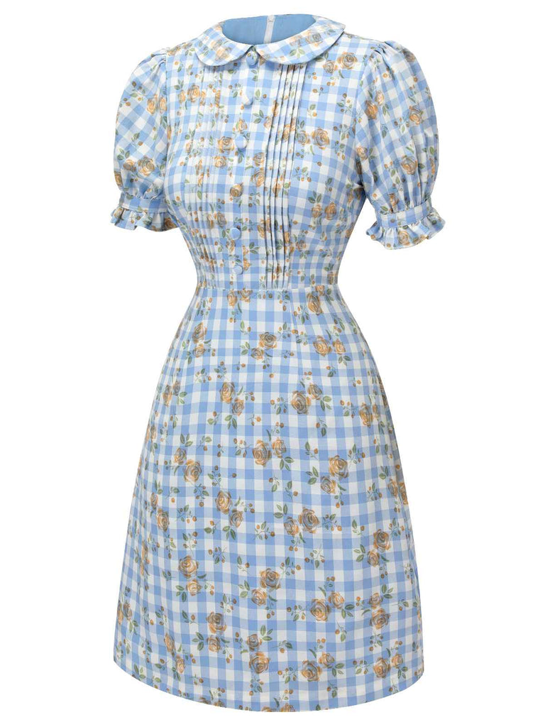 Blue 1960s Puff Sleeve Floral Plaid Dress