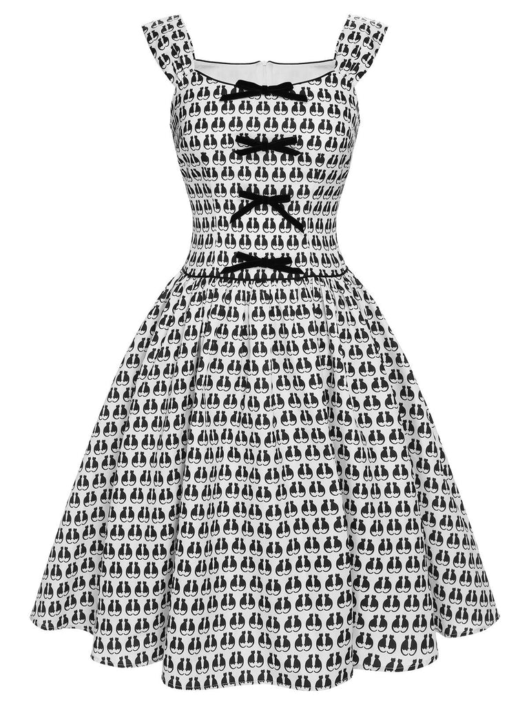 1950s Halloween Cat Print Velvet Bow Dress