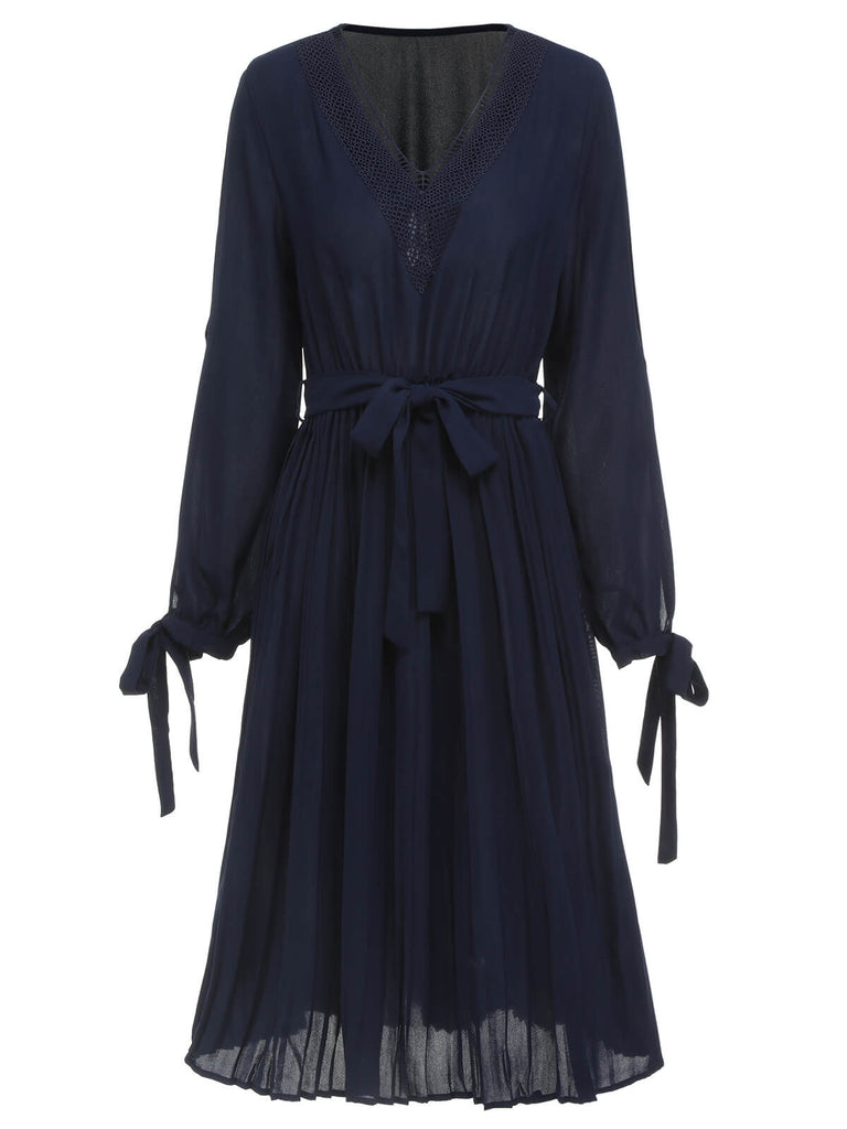 Dark Blue 1940s Tie-Up Waist Shift Dress