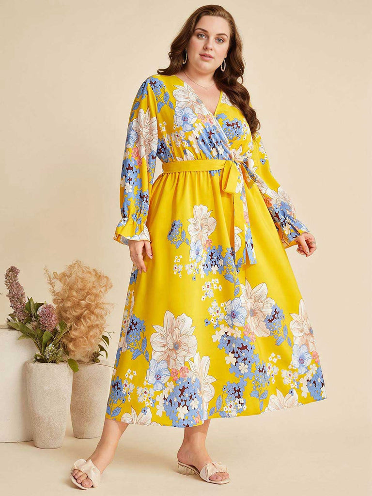 [Plus Size] Yellow 1930s Floral Tie-Up Midi Dress