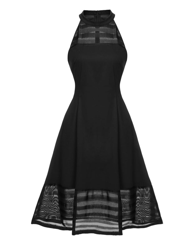 Women's Vintage A-Line High Neck Sleeveless Tiered Midi Dress Black,L