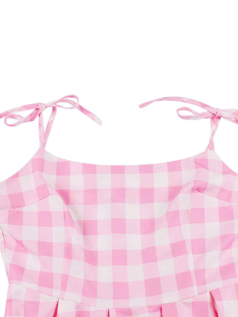 Pink 1950s Spaghetti Strap Plaid Swing Dress