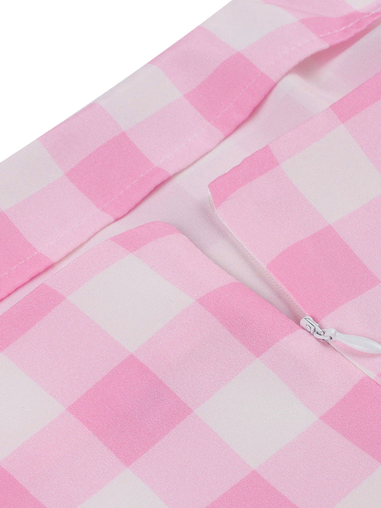 Pink 1950s Spaghetti Strap Plaid Swing Dress