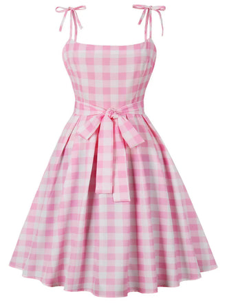 [Plus Size] Pink 1950s Plaid Strap Dress