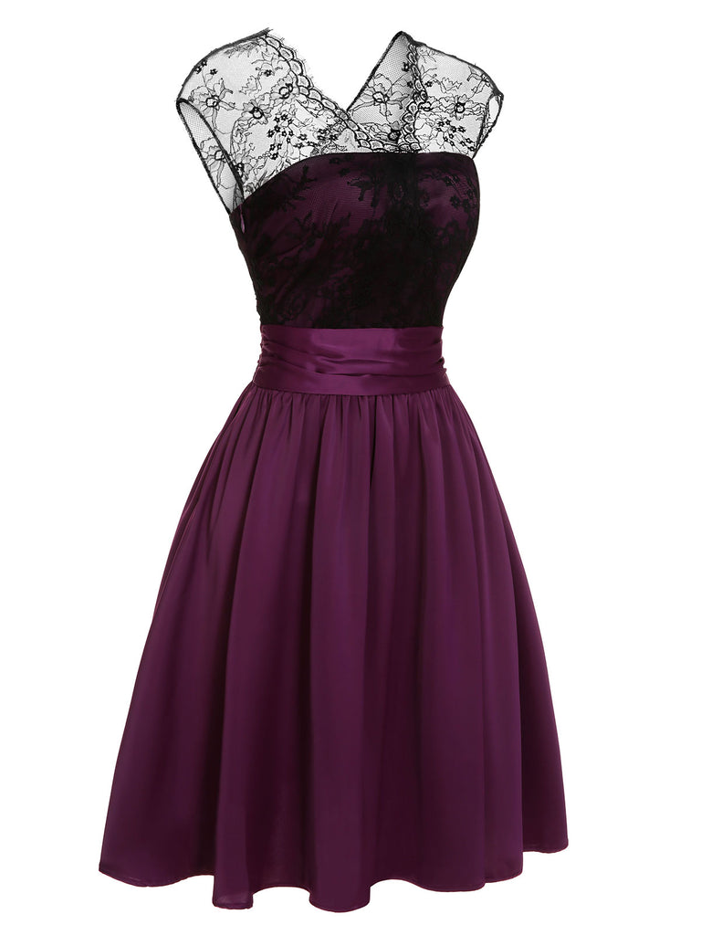 [Pre-Sale] Dark Purple 1950s Lace Patchwork V-Neck Dress