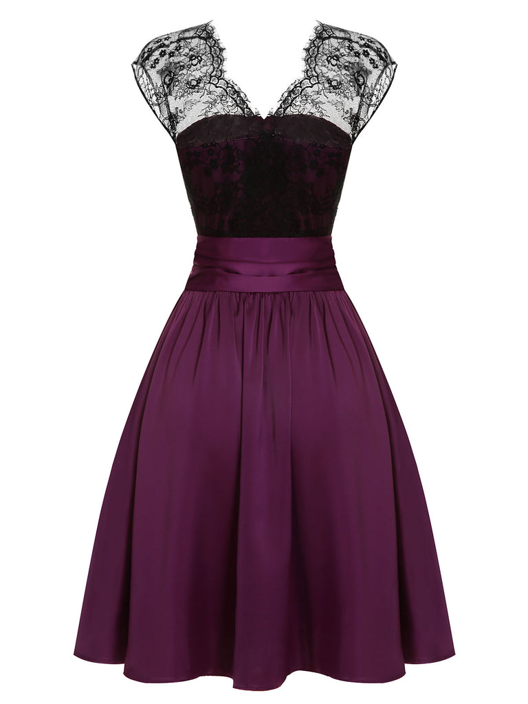 [Pre-Sale] Dark Purple 1950s Lace Patchwork V-Neck Dress