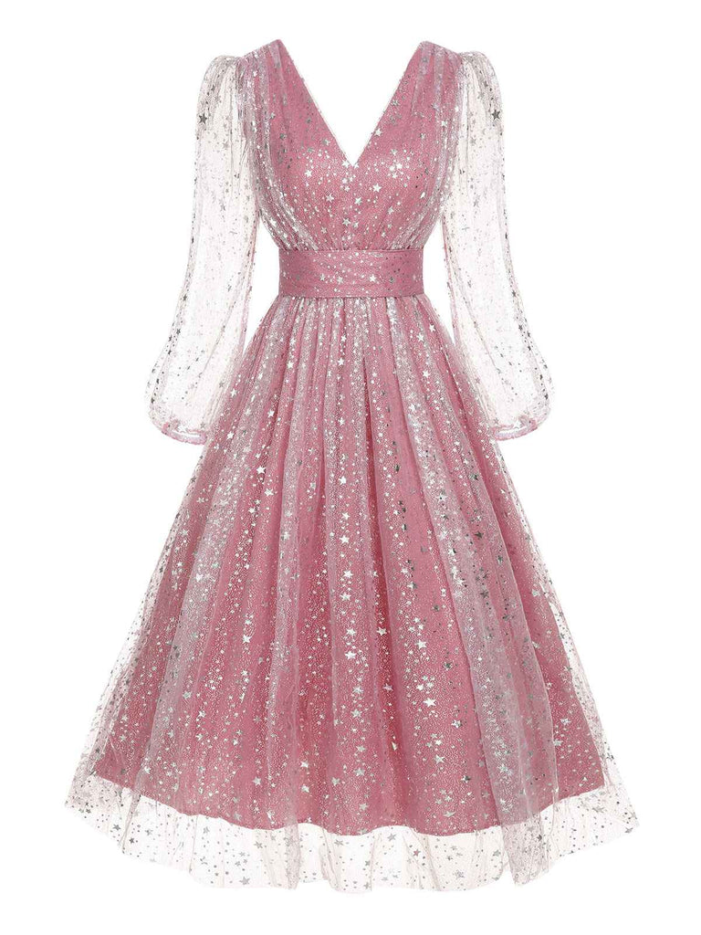 1950s V-Neck High-Waist Stars Mesh Belted Dress