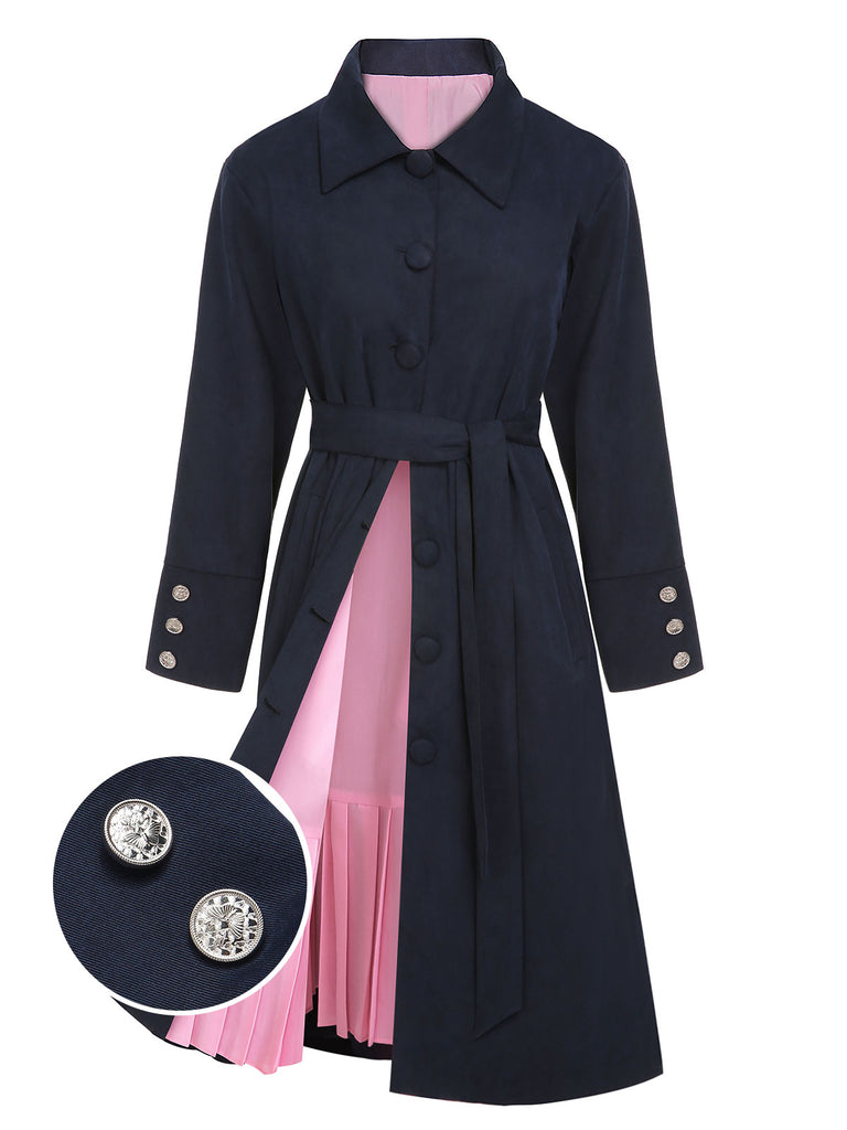 Dark Blue 1950s Solid Belted Coat