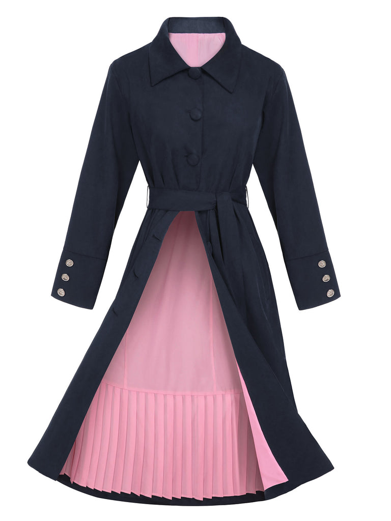 Dark Blue 1950s Solid Belted Coat