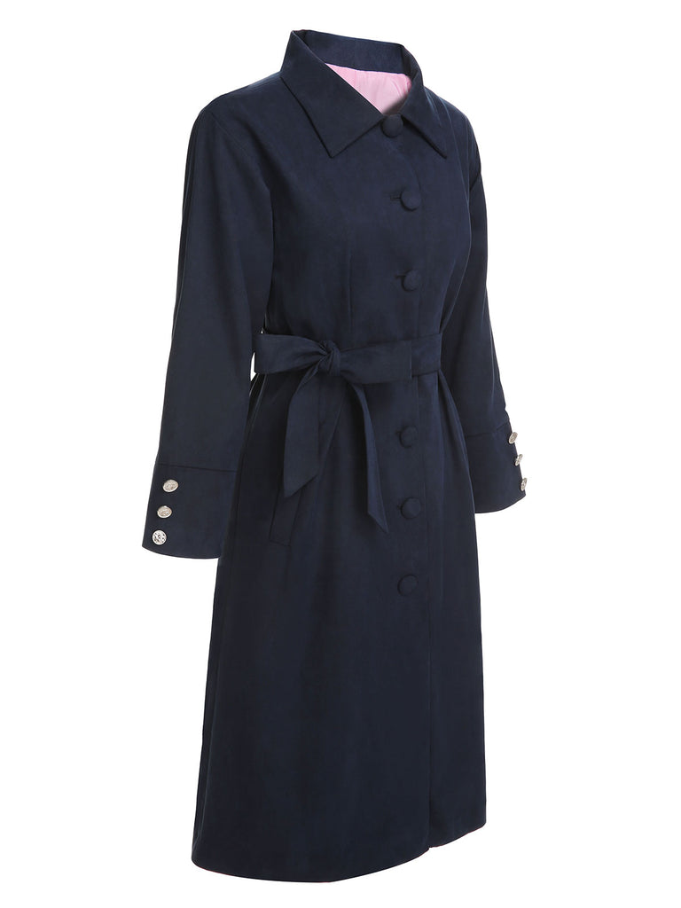 Dark Blue 1950s Solid Belted Coat