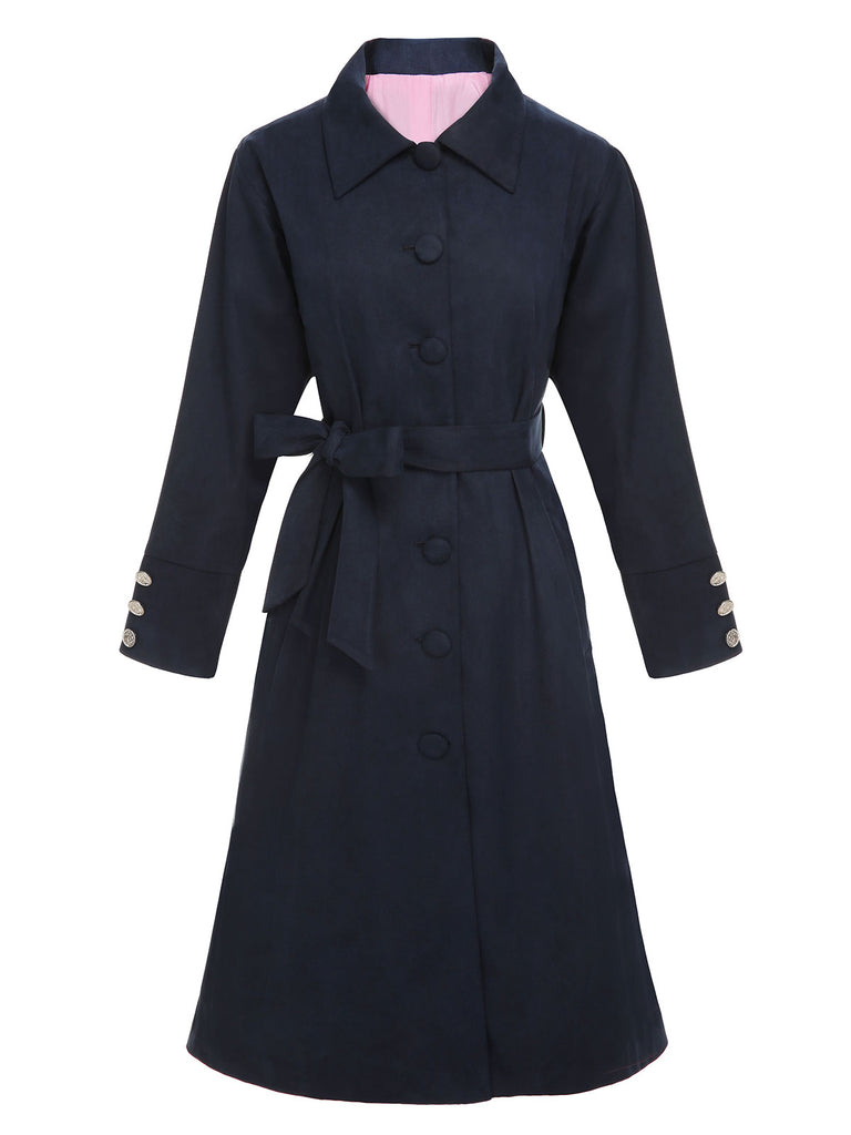 Dark Blue 1950s Solid Belted Coat