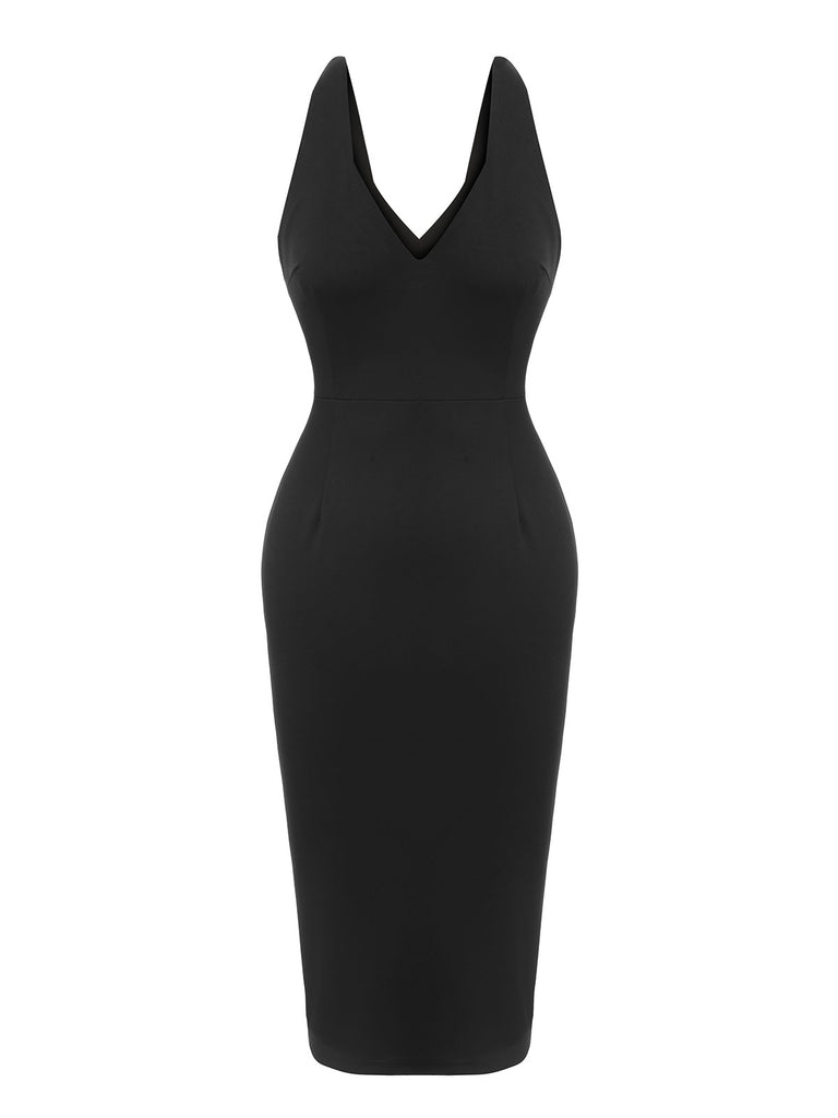 [Pre-Sale] Black 1960s V-Neck Solid Bodycon Dress