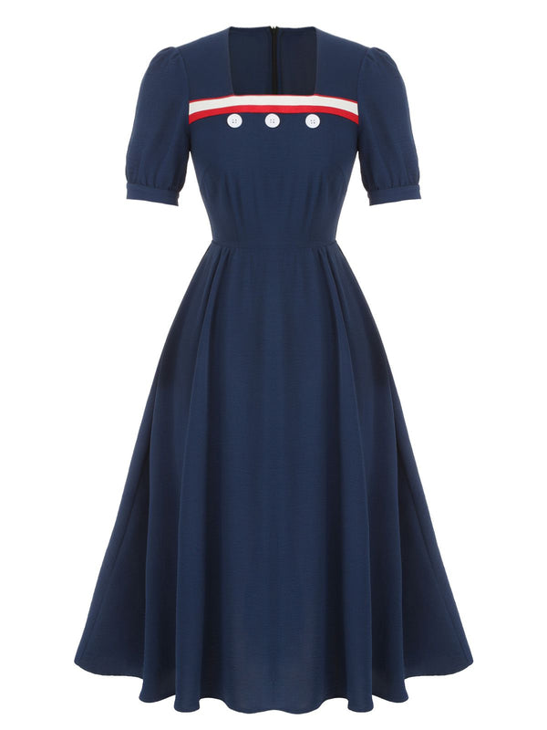 Vintage Square Neck Button Puff Dress Dark Blue / Size Large