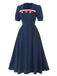 Dark Blue 1930s Square Neck Button Puff Dress