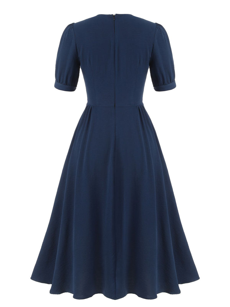 Dark Blue 1930s Square Neck Button Puff Dress