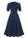 Dark Blue 1930s Square Neck Button Puff Dress
