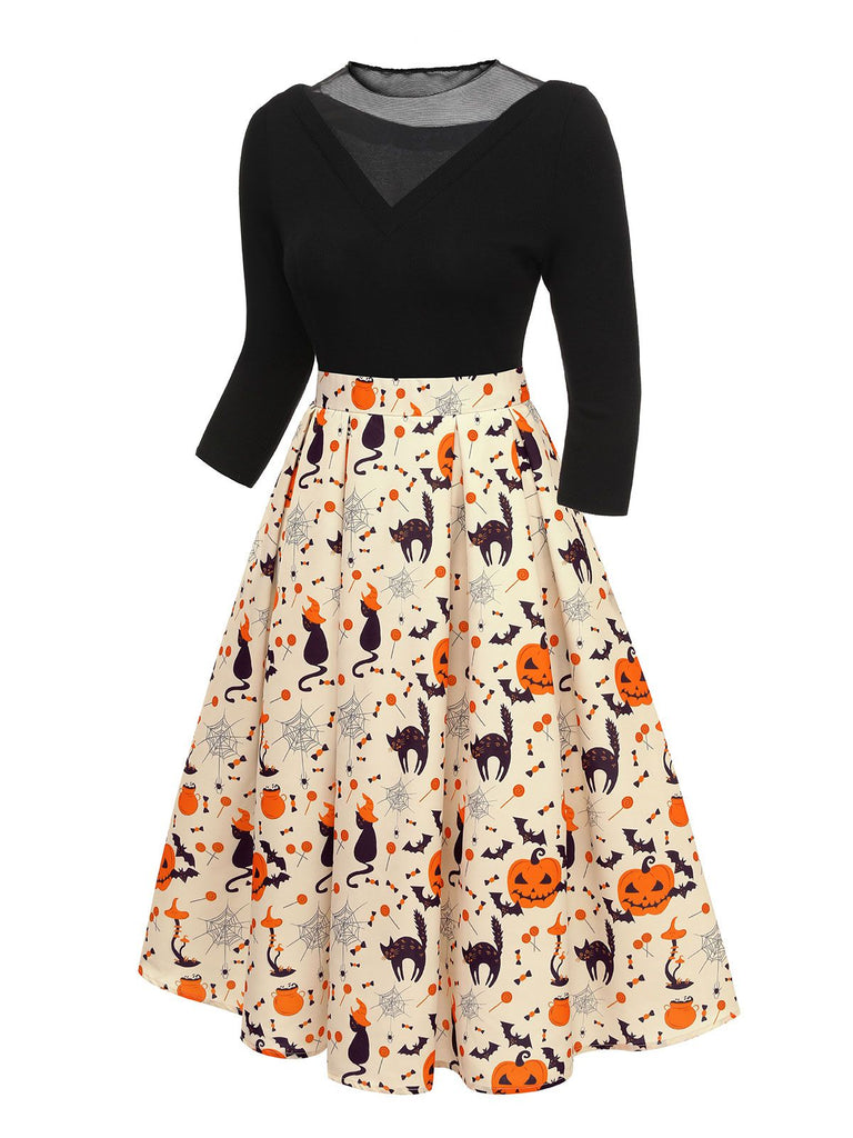 1950s Halloween Pumpkin Cat Knitted Top Patchwork Dress