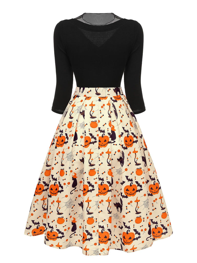 1950s Halloween Pumpkin Cat Knitted Top Patchwork Dress