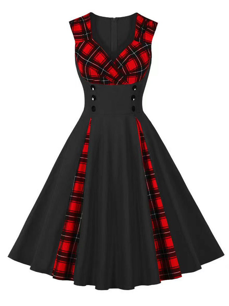 Red & Black 1950s Plaid V-Neck Dress