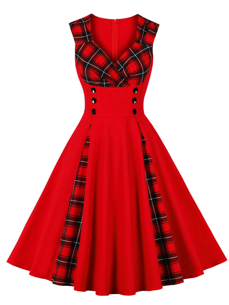 Red & Black 1950s Plaid V-Neck Dress