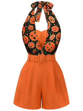 Orange 1950s Halloween Pumpkin Halter Romper