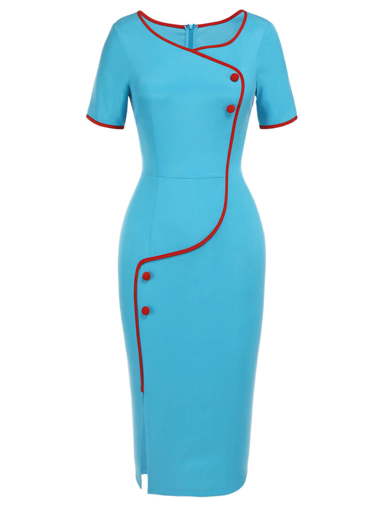 Royal Blue & Red 1960s Button Pencil Dress