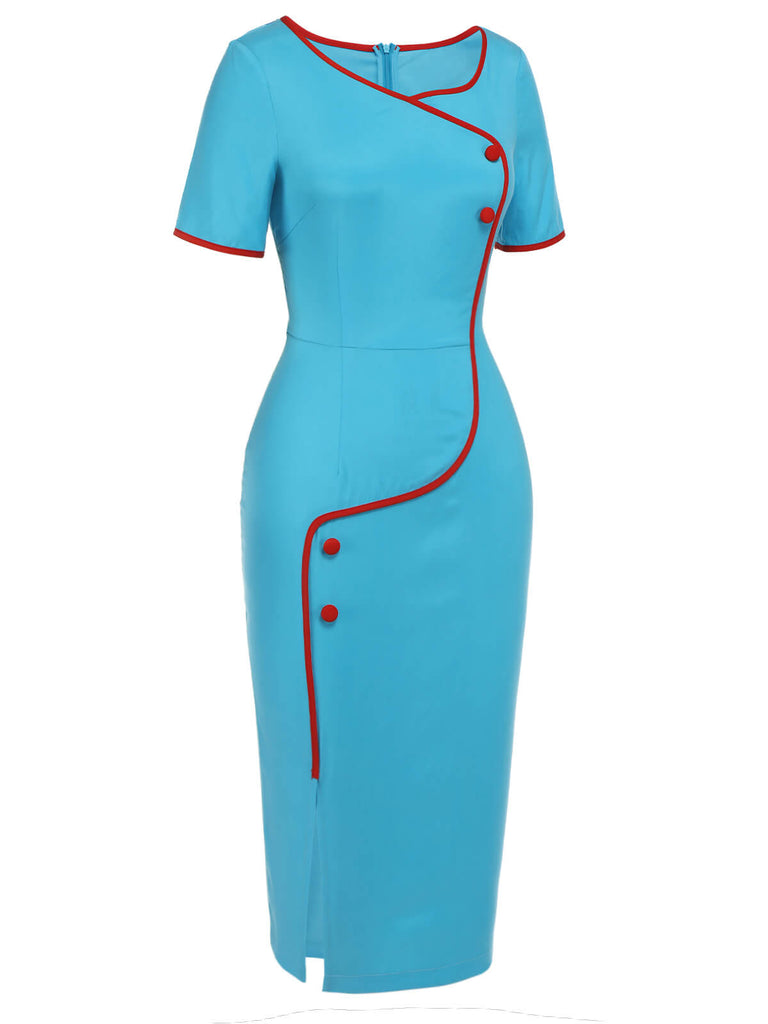 Royal Blue & Red 1960s Button Pencil Dress