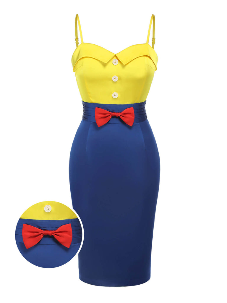 Yellow & Blue 1960s Bow Strap Pencil Dress