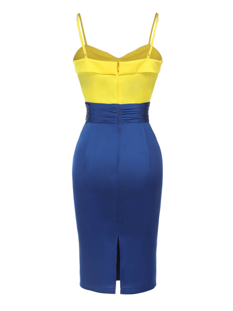 Yellow & Blue 1960s Bow Strap Pencil Dress