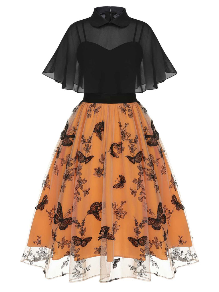 Black & Orange 1950s 3D Butterflys Cloak Dress