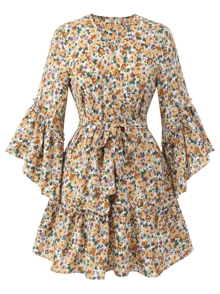 1960s Floral Flared Long Sleeve Dress With Belt | Retro Stage