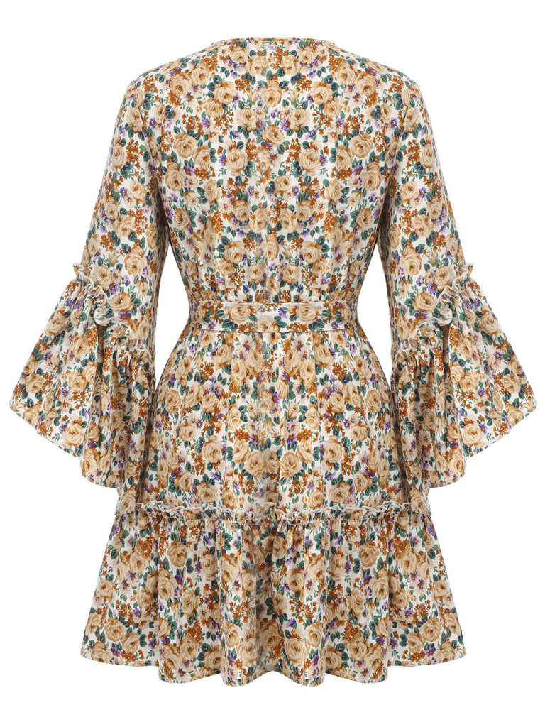 [Pre-Sale] 1960s Floral Flared Long Sleeve Dress With Belt