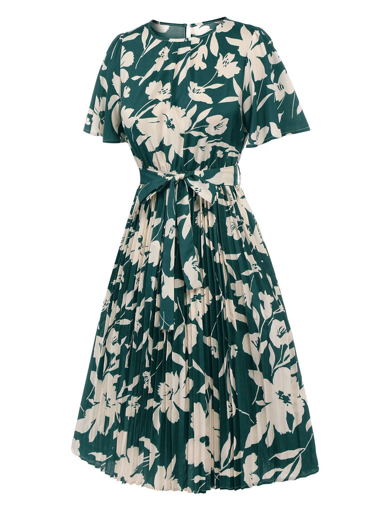 Green 1940s Floral Pleated Belt Dress | Retro Stage