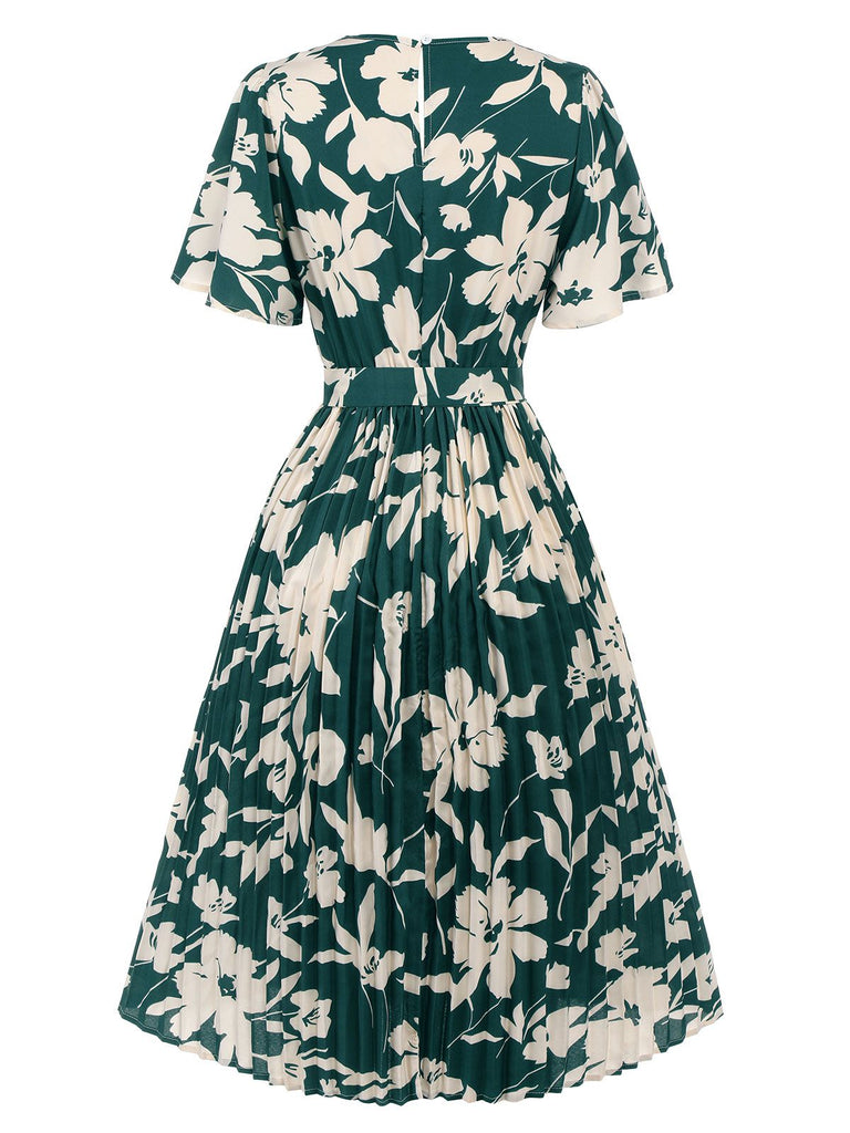 Green 1940s Floral Pleated Belt Dress