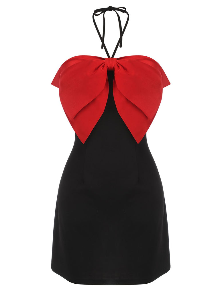 Black&Red 1960s Bow-knot Patchwork Wrap Dress