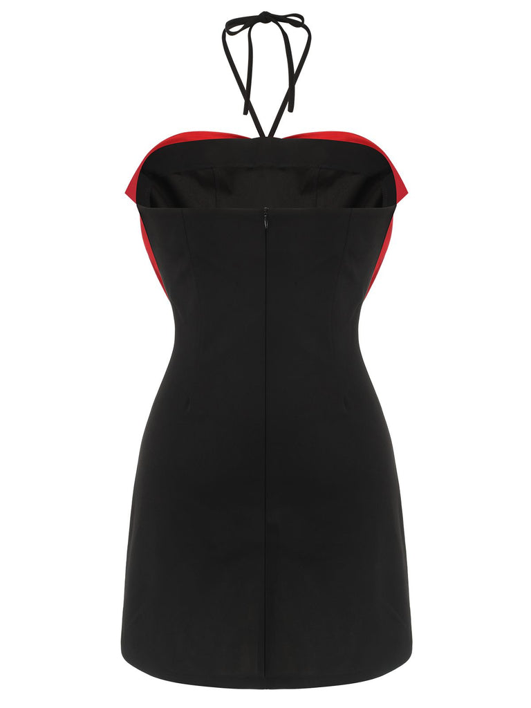Black&Red 1960s Bow-knot Patchwork Wrap Dress