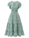 Green 1950s Lace-Up Collar Ditsy Floral Dress