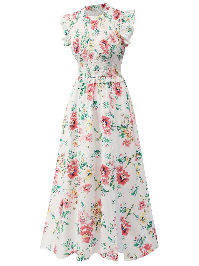 White 1940s Sleeveless Floral Ruffles Dress