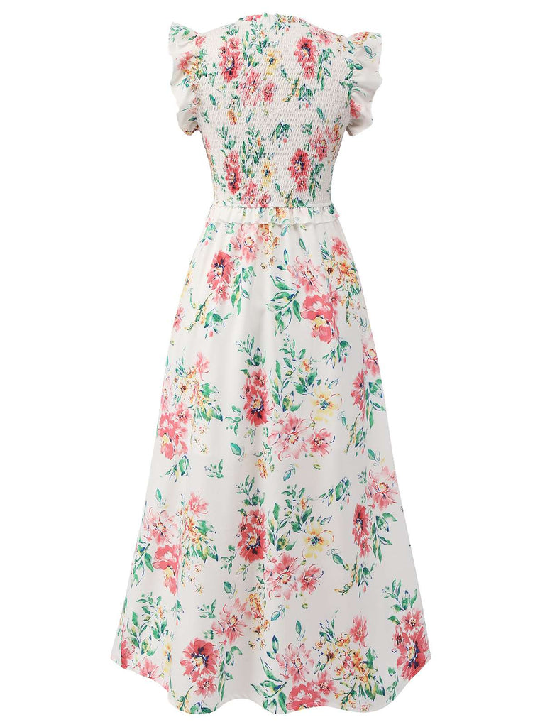 White 1940s Sleeveless Floral Ruffles Dress