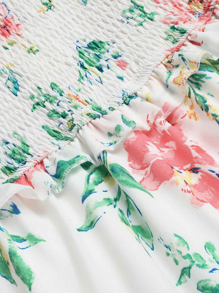 White 1940s Sleeveless Floral Ruffles Dress