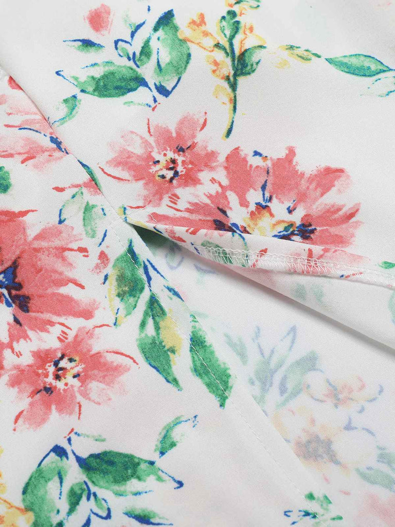 White 1940s Sleeveless Floral Ruffles Dress
