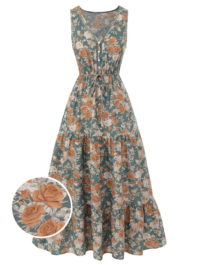 1930s V-Neck Floral Sleeveless Dress