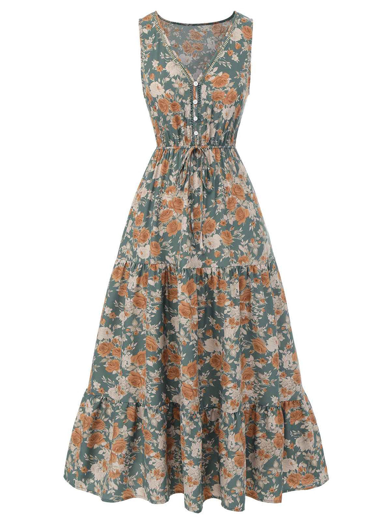 1930s V-Neck Floral Sleeveless Dress